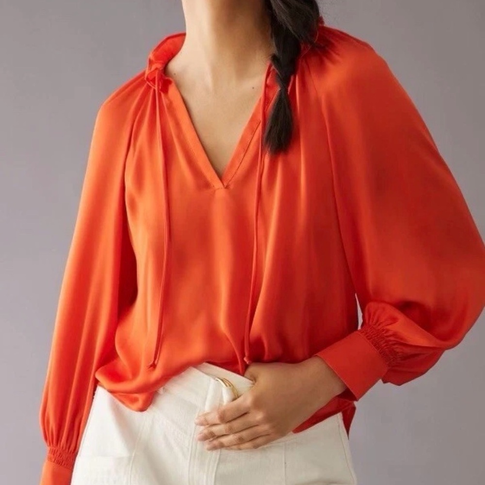 Anthropologie Satin Tie-Neck Blouse – Orange | Size S | Pre-Owned | Excellent